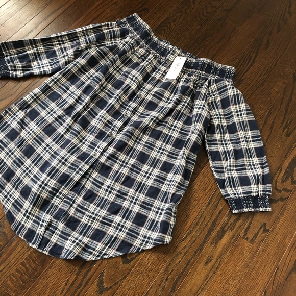 Style & Co. Women’s M “Off the Shoulder” Indiana Blue Plaid Button-Down - NWT! - Picture 2 of 11